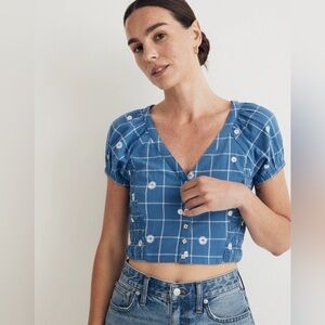 Madewell Embroidered Puff-Sleeve Crop Top in Windowpane Hermitage Blue Sz 12